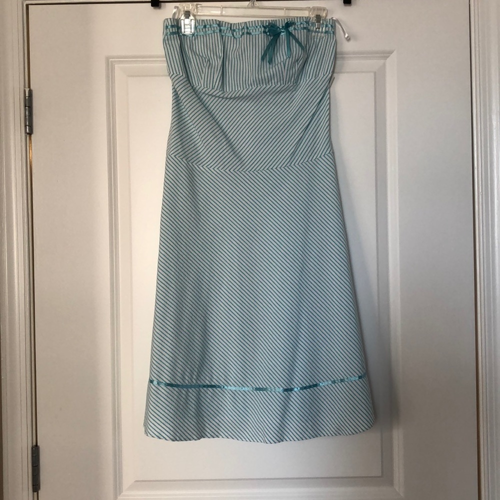Teal and white seersucker dress with ribbon accent